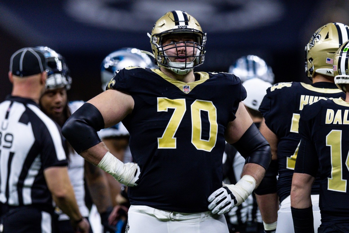 Jan 8, 2023; New Orleans Saints offensive tackle Trevor Penning (70) looks on against the Carolina Panthers. Mandatory Credit: Stephen Lew-USA TODAY